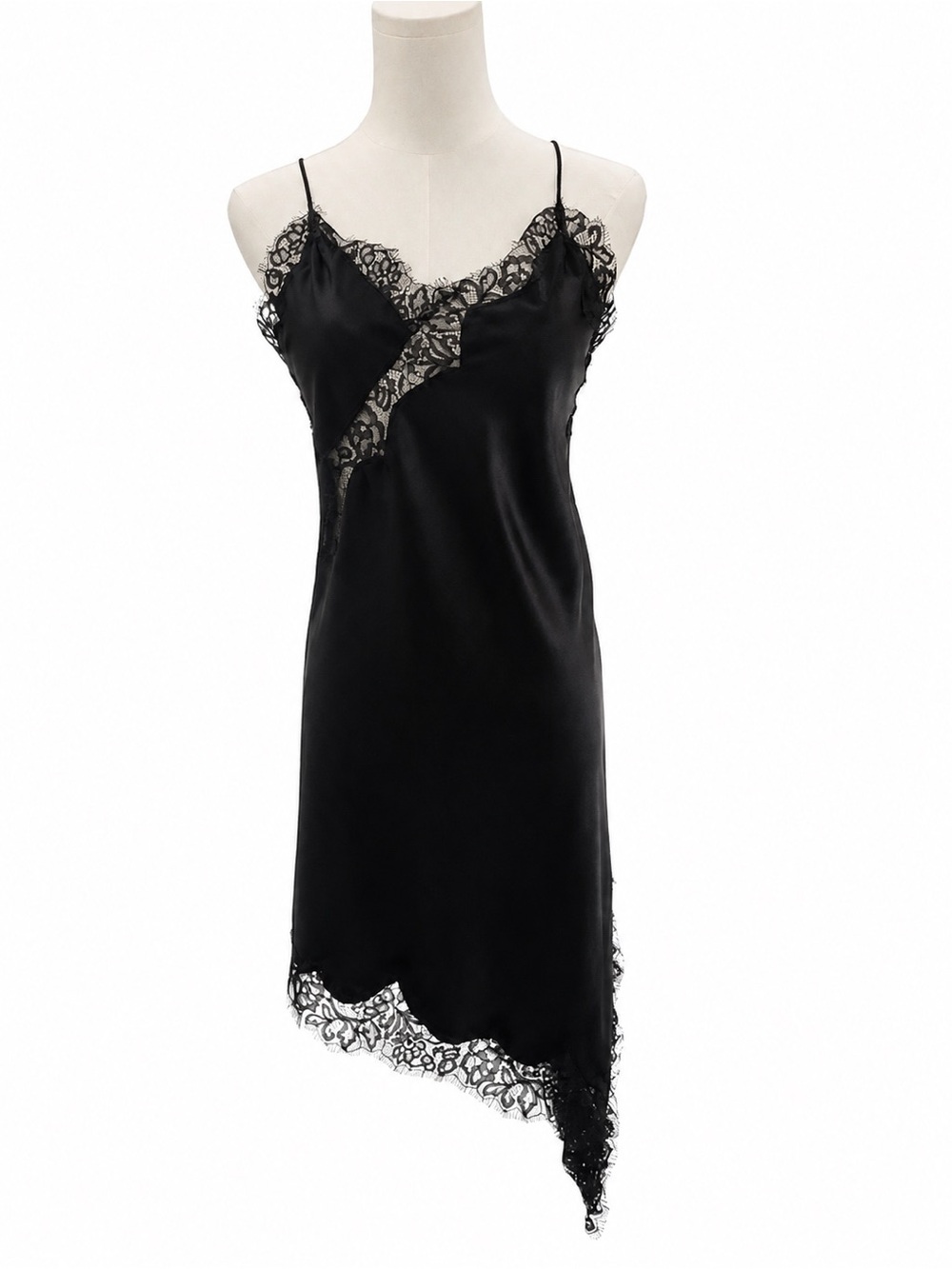 Zara Black Satin Lace-Trim Slip Dress